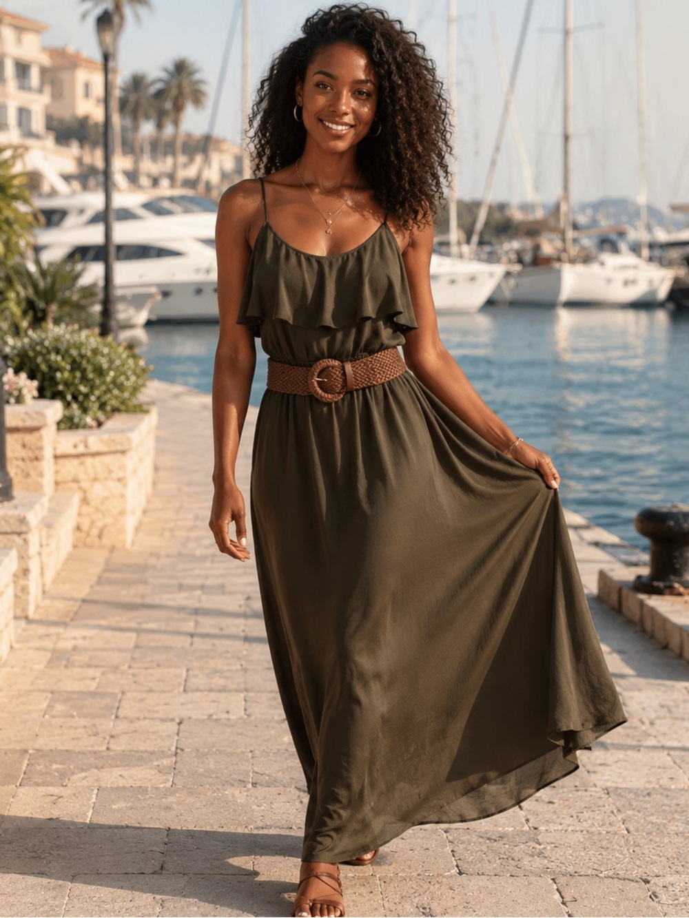 Jodi Kristopher Vintage Y2K Dark Olive Green Elegant Maxi Dress S